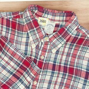 Brooks Brothers Linen Shirt Mens XL Short Sleeve Button Down BluePink CheckPlaid